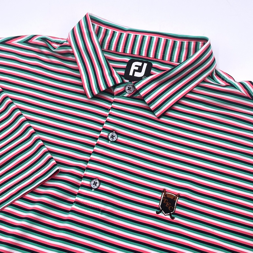FootJoy Mens 2XL Striped Golf Polo Shirt Pink Green Performance Stretch TFC Logo